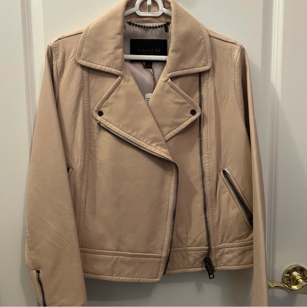 Coach Women’s Leather Moto Jacket with Asymmetric Zip, Beige/Apricot